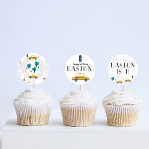 Taxi Birthday Party Cupcake Toppers, Stickers, Taxi Cab, Hail a Cab, Taxi Car Theme, Editable, INSTANT DOWNLOAD