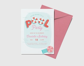 Pool Party Birthday Invitation, Summer Celebration, Swimming Birthday Theme, Printable, Editable, INSTANT DOWNLOAD
