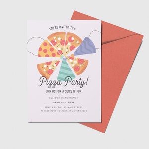 Pizza Party Birthday Invitation, A Slice of Fun, Party Hats, Pizzeria, Printable, Editable, INSTANT DOWNLOAD