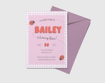 Ladybug Birthday Party Invitation: Pink Gingham, Editable (Digital Download)