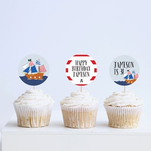 Pirate Birthday Party Cupcake Toppers, Stickers, Pirate Ship Theme, Printable, Editable,  INSTANT DOWNLOAD