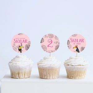 Toucan Birthday Party Cupcake Toppers, Stickers, 2nd Birthday, Twocan, Tropical Theme, Printable, Editable, INSTANT DOWNLOAD