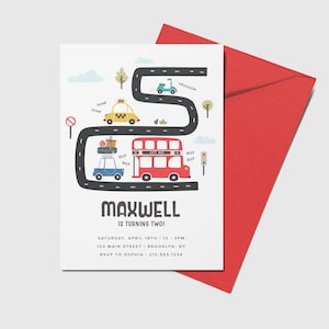 Cars Invitation, 1st Birthday Party, Double Decker Bus, Vroom, Beep Beep, Honk, Printable, Editable, INSTANT DOWNLOAD