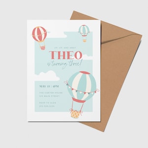 Up Up & Away verjaardagsuitnodiging, heteluchtballon feestuitnodiging, afdrukbaar, bewerkbaar, INSTANT DOWNLOAD