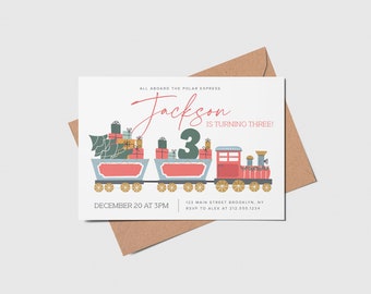 May include: A red, white, and blue train with a green Christmas tree and presents in the cars. The train says "All aboard the Polar Express" and "Jackson is turning three!" with the number 3 in green. The invitation says "December 20 at 3PM" and "123 Main Street Brooklyn, NY RSVP to Alex at 212.555.1234".