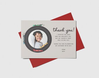 Race Car 1st Birthday Thank You Card with Photo (Printable, Editable, INSTANT DOWNLOAD)