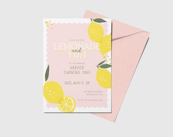 Lemonade Birthday Party Invitation: Pink Lemon Theme (Printable, Editable, Instant Download)