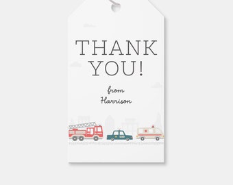 Emergency Vehicles Birthday Thank You Tag: Fire Truck, Police Car (Printable, Editable, INSTANT DOWNLOAD)