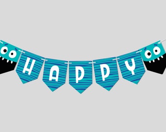 Puede incluir: Una guirnalda con la palabra "HAPPY" en letras blancas sobre banderines azules y turquesas. Los banderines tienen un patrón de rayas y están unidos por una cuerda blanca. Cada extremo tiene una cara de monstruo.