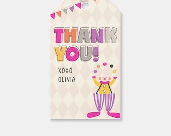 May include: A thank you tag with a colorful circus theme. The tag features a clown juggling balls and the text "THANK YOU! XOXO Olivia".