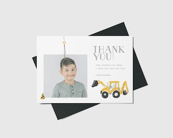 May include: A thank you card with a photo of a young boy and a cartoon excavator. The card says "Thank You!" for joining the crew. I hope you had fun too! From Roman.