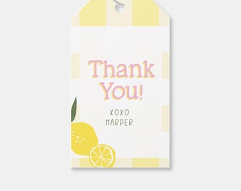 May include: Yellow and white gingham gift tag with a lemon illustration and the text "Thank You! xoxo Harper".