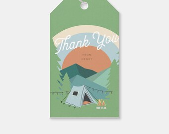 May include: A green thank you gift tag with a camping scene. The tag features a sunset over mountains, a tent, and a campfire. The text on the tag reads "Thank You" and "From Henry".