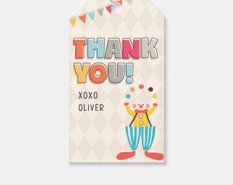 May include: A colorful thank you tag with a clown juggling balls. The tag has a diamond pattern background and says "Thank You! xoxo Oliver".