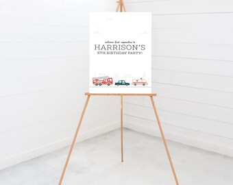 Emergency Vehicles Birthday Welcome Sign: Fire Truck, Police Car, Ambulance (Printable, Editable, Instant Download)