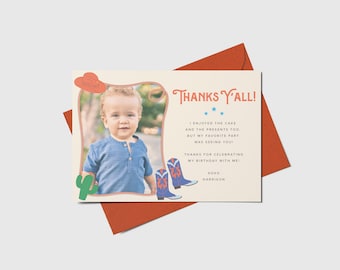 Rodeo Birthday Thank You Card with Photo: Western Cowboy Boots (Printable, Editable, INSTANT DOWNLOAD)