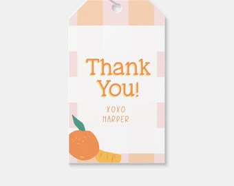 Può includere: Etichetta regalo arancione e verde con un motivo a quadri rosa e arancio. L'etichetta dice "Grazie! XOXO Harper".