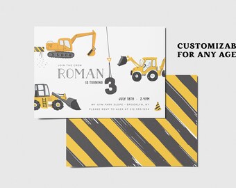 May include: Construction themed birthday party invitation with yellow and black striped background. The invitation features a cartoon illustration of construction vehicles and the text "Join the crew Roman is turning 3". The invitation also includes the date, time, and location of the party.