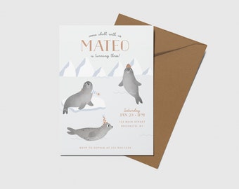 Arctic Seal Birthday Invitation: Winter Animals, Editable (INSTANT DOWNLOAD)