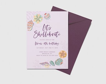 May include: Purple invitation with seashells and the text "Let's Shellebrate Wren's 5th birthday" with details for the party.