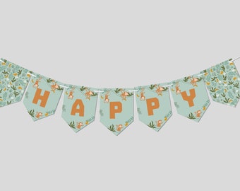 May include: A green and orange banner with the word "HAPPY" spelled out in orange letters. The banner has a pattern of monkeys swinging from vines and bananas.