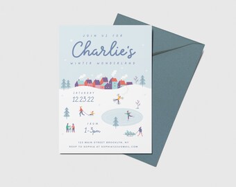 May include: A blue and white invitation card with a winter wonderland theme. The card features a cartoon illustration of a snowy village with people ice skating and sledding. The text on the card reads "Join us for Charlie's Winter Wonderland, Saturday 12.23.22 from 1-3pm, 123 Main Street Brooklyn, NY, RSVP to Sophia at sophia1230smail.com".