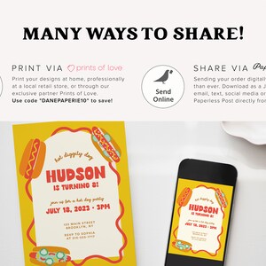 May include: A yellow and red birthday invitation with a hot dog theme. The invitation says "Hudson is turning 8!" and includes the date and time of the party. The invitation is designed to be printed at home or through a professional printing service.