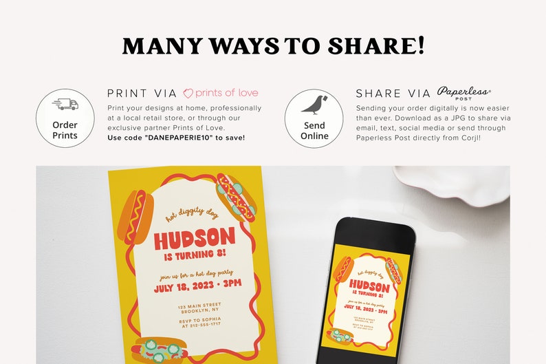 May include: A yellow and red birthday invitation with a hot dog theme. The invitation says "Hudson is turning 8!" and includes the date and time of the party. The invitation is designed to be printed at home or through a professional printing service.