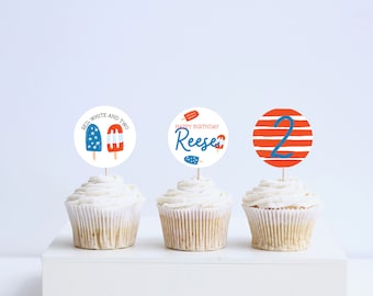 Red White and Two Birthday Party Cupcake Toppers, Stickers, 4th of July, 2nd Birthday, Printable, Editable, INSTANT DOWNLOAD