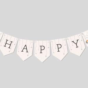 May include: A white banner with a horse pattern and the word "HAPPY" in black letters. The banner is strung with white string and is perfect for a birthday party.