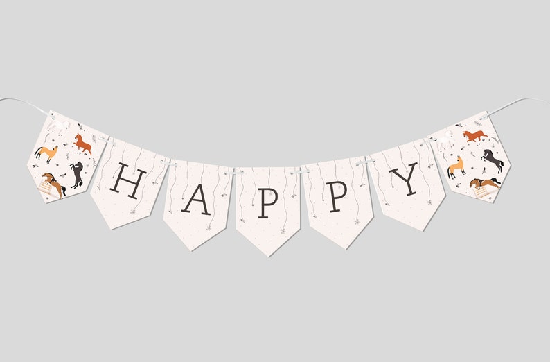 May include: A white banner with a horse pattern and the word "HAPPY" in black letters. The banner is strung with white string and is perfect for a birthday party.