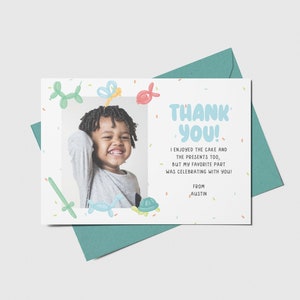 Animal Balloons Birthday Party Thank You Card with Photo, Balloons, Calling All Party Animals, Printable, Editable, INSTANT DOWNLOAD