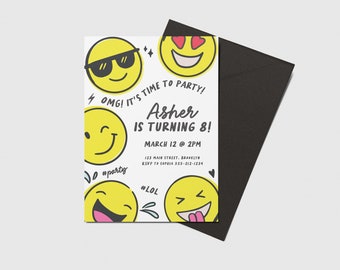 May include: A white invitation with a yellow background featuring various emoji faces. The text reads "OMG! It's time to party! Asher is turning 8! March 12 @ 2PM 123 Main Street, Brooklyn RSVP to Sophia 555-212-1234"