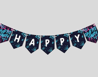 May include: A navy blue banner with the words "HAPPY" in white block letters. The banner has a graffiti-style design with blue and pink accents, and the words "GRAFFITI PARTY" are on the end flags.