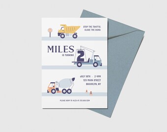 May include: A construction-themed birthday invitation for a boy turning two. The invitation features illustrations of construction vehicles, including a dump truck, a crane, and a cement mixer. The text on the invitation reads "Miles is turning 2" and includes the date, time, and location of the party.