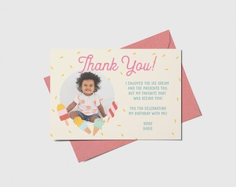 Ice Cream Party Thank You Card with Photo (Printable, Editable, Instant Download)