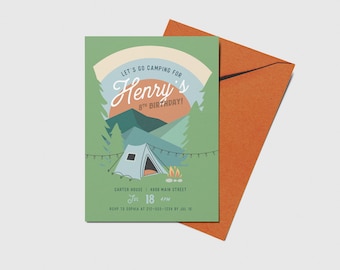 Camping Birthday Party Invitation, Graduation Invite,  Printable, Editable, INSTANT DOWNLOAD