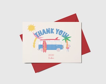 Surfs Up Thank You Card, Surfing, Beach, Beach Van, Printable, Editable, INSTANT DOWNLOAD