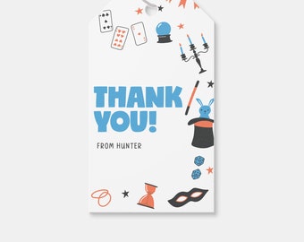 May include: A white thank you tag with a blue and orange magic theme. The tag says "Thank You! From Hunter" and features illustrations of a magic wand, a top hat with a rabbit, playing cards, a crystal ball, a candlestick, dice, a mask, and an hourglass.
