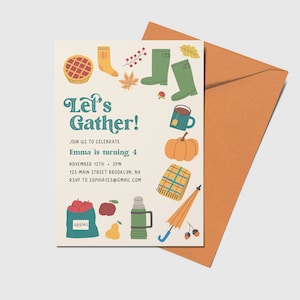 Let&#39;s Gather Birthday Party Invitation, Happy Fall, Fall Leaves, Thanksgiving, Friendsgiving, Printable, Editable, INSTANT DOWNLOAD