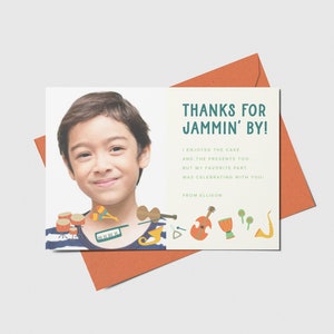 Musical Instruments Birthday Party Thank You Card with Photo, Marching Band, Music, Printable, Editable, INSTANT DOWNLOAD