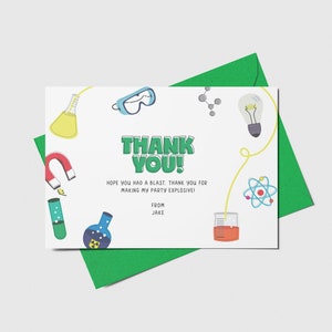 Science Party Thank You Card, Chemistry, Science Experiment Birthday Theme, Printable, Editable, INSTANT DOWNLOAD