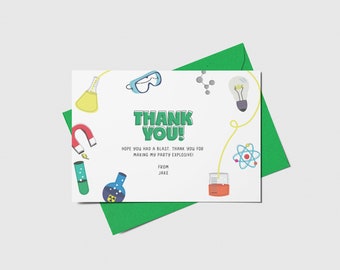 Science Party Thank You Card, Chemistry, Science Experiment Birthday Theme, Printable, Editable, INSTANT DOWNLOAD