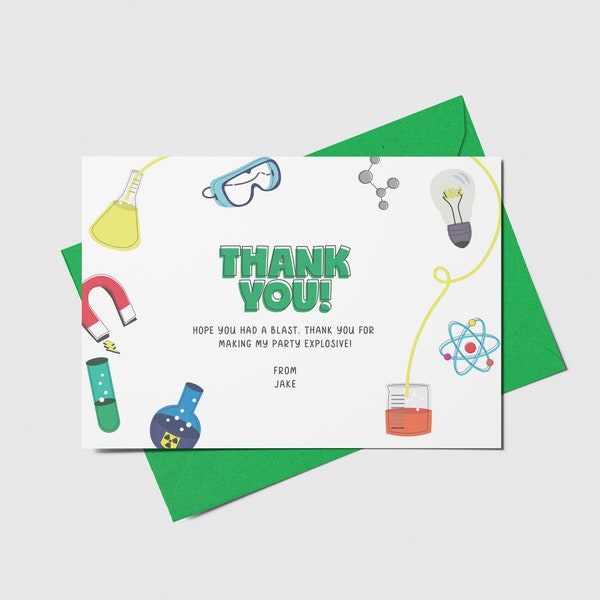 Science Party Thank You Card, Chemistry, Science Experiment Birthday Theme, Printable, Editable, INSTANT DOWNLOAD