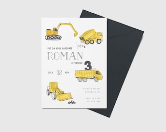 May include: A yellow construction vehicle birthday invitation for a boy named Roman turning 3. The invitation features a yellow excavator, dump truck, and bulldozer. The text reads "Put on your hardhats Roman is turning 3 July 18 4PM 123 Main Street Brooklyn, NY RSVP to Alex 212-555-1234"
