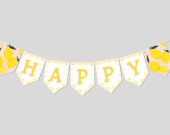 May include: A yellow and pink banner with the word "HAPPY" in yellow letters. The banner is decorated with lemons and has a checkered pattern.