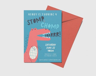 May include: A blue and pink birthday invitation with a cartoon dinosaur. The text reads "Henry is turning 4 Stomp Chomp Roarrr!"  Saturday June 22 10AM Prospect Park 125 Main Street RSVP to Sophia at opa125@gmail.com