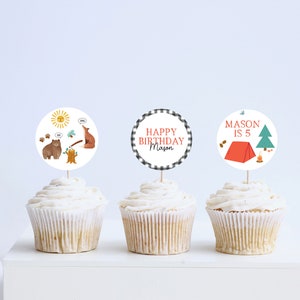 Lumberjack Birthday Party Cupcake Toppers, Stickers, Decor, Forrest, Camping, Woodland Animals, Printable, Editable, INSTANT DOWNLOAD