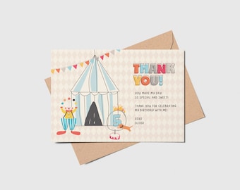 May include: A colorful thank you card with a circus theme. It features a clown juggling balls, a tent, and a dog holding a sign with the number 5. The text reads "Thank You! You made my day so special and sweet! Thank you for celebrating my birthday with me. XOXO Oliver."