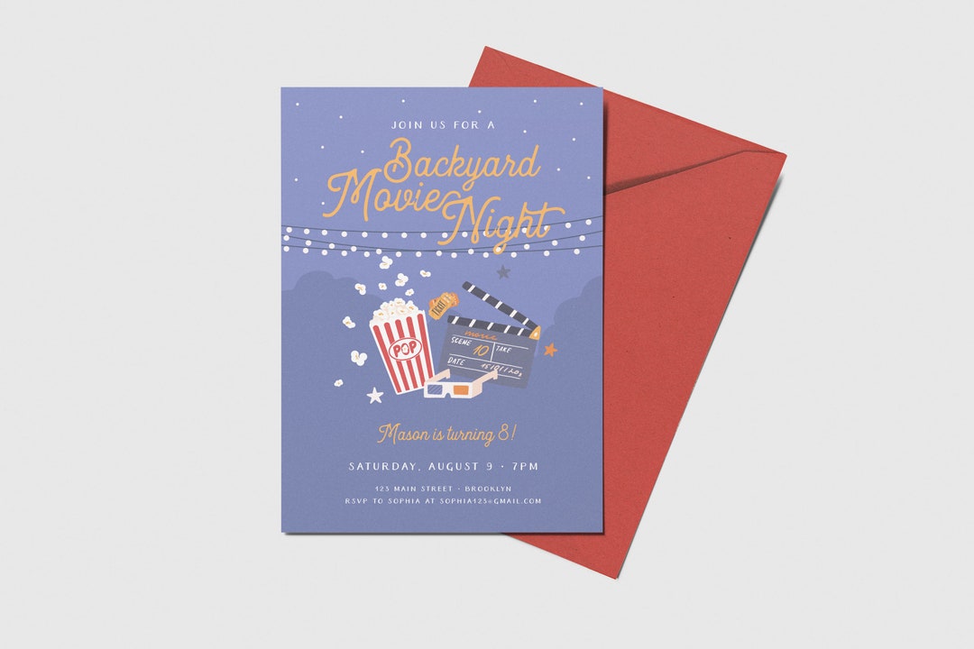 Backyard Movie Night Party Invitation, Popcorn, Movie Night, Printable ...